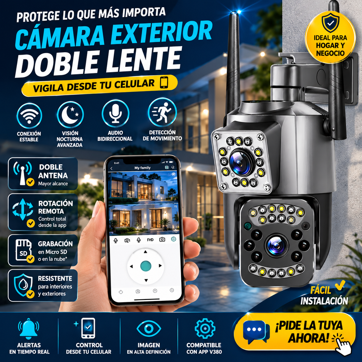 Cámara Exterior negra doble lente
