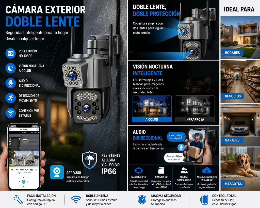 Cámara Exterior negra doble lente